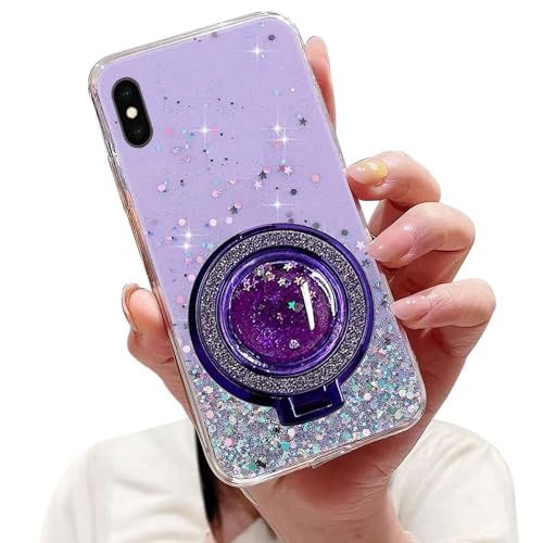 Tivenfezk Nadoli Sparkle Treibsand Ständer Hülle für iPhone XS Max,Versteckt Ständer Ring Klar Glitzer Stern Handyhülle Durchsichtig Bling Schutzhülle Case Cover,Lila