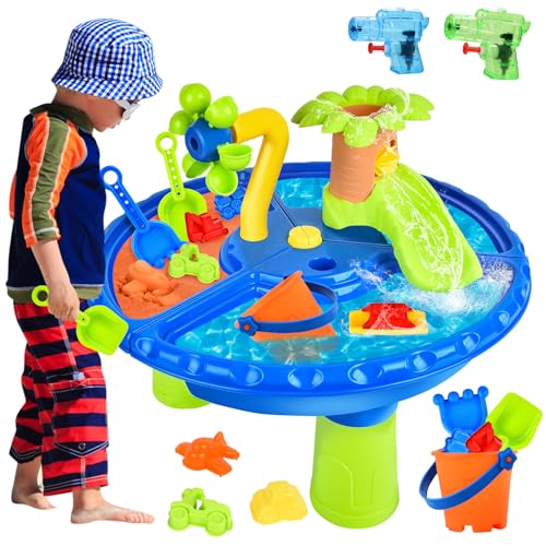 Herenear 4 IN 1 Sand Wasserspieltisch, 27 PCS Wassertisch Strandspielzeug, Matschtisch Strandtisch Kinder, Sandkastentisch für Kinder, Wasser Outdoor Aktivität Sommer Sand Spielzeug Mädchen Junge (B)