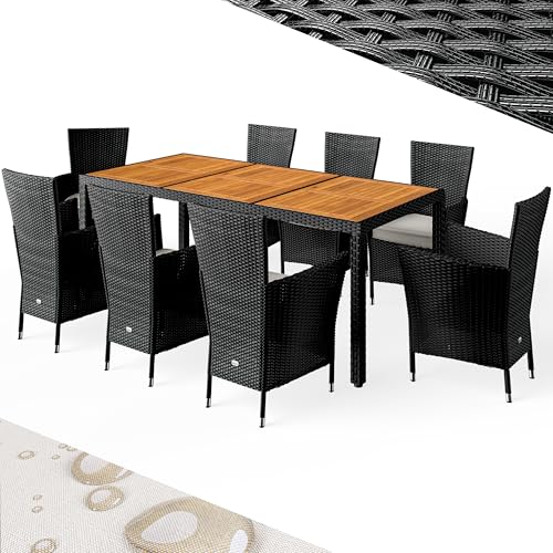 Casaria® Gartenmöbel Set Holz Polyrattan 8 Gartenstühle Stapelbar 190x90cm Gartentisch Akazie Wetterfest Outdoor Terrasse Sitzgruppe Essgruppe Schwarz