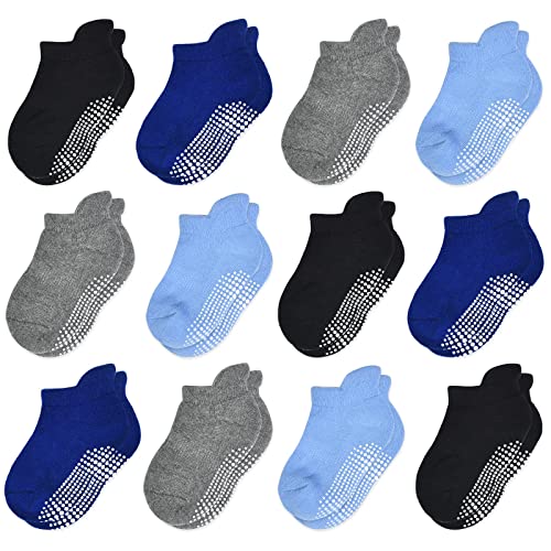 HYCLES Stoppersocken Kinder - 12 Paar ABS Socken Kinder Baby Jungen Kleinkind Rutschfeste Socken Antirutsch Socken Mädchen 3 Schwarz+3 Dunkelgrau+3 Marineblau+3 Blau für 1-3 Jahre