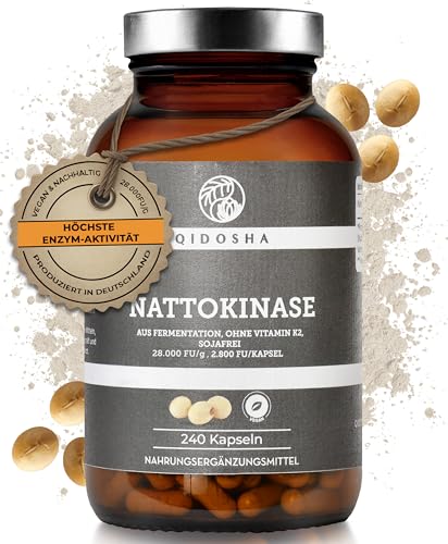 QIDOSHA® Nattokinase Kapseln hochdosiert, mit 2800 FU je Kapsel höchste zulässige Enzymaktivität, 240 Stk/Glas, vegan aus Fermentation GMO-freier Sojabohnen, ohne Vitamin K2, Endprodukt sojafrei