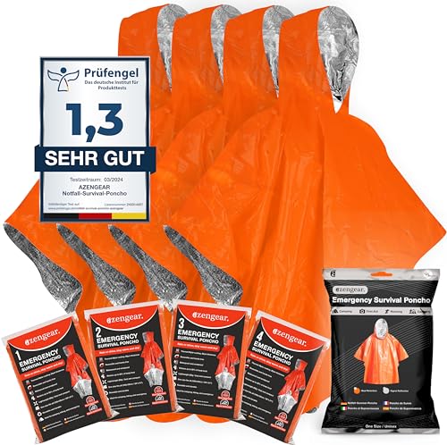 aZengear Notfall-Survival-Poncho (4 Stück) Thermo-Mylar-Folienbeschichtung Decke für Wärmehaltung und Regen | wendbar mit Kapuze | wasserdicht, Winddicht, tragbar, freihändig, Outdoor-Kit