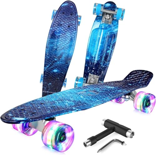 BELEEV Skateboard Komplette 22 Zoll Mini Cruiser Skateboard für Kinder Jugendliche Erwachsene, Led Leuchtrollen mit All-in-one Skate T-Tool für Anfänger