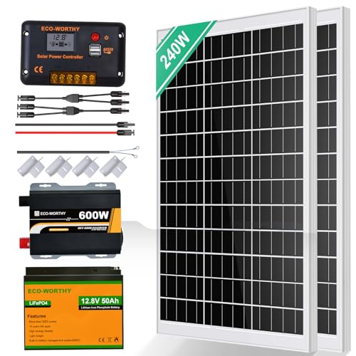 ECO-WORTHY 240W Solaranlage Komplettset Inselanlage netzunabhängiges Kit für Wohnmobil Camper: 2 Stücke 120W Solarmodul + 30A Laderegler + 1 Stücke 50Ah Lithiumbatterie + 600W Sinuswechselrichter