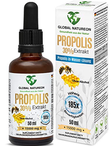 Propolis-in-Wasser-Lösung Extrakt 30% ohne Alkohol (50 ml) Tinktur für Kinder & Tiere geeignet, Polyphenolen, Flavonoiden und Bioflavonoiden, 100% natürlich, 185x höhere Bioverfügbarkeit