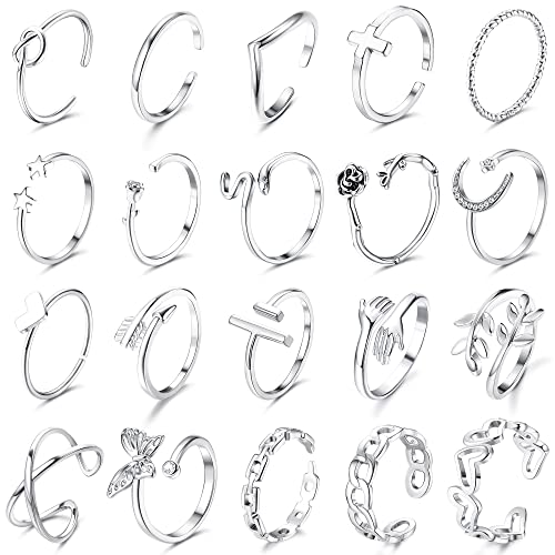 CASSIECA 20 Stücke Silber Ringe Set Verstellbare Finger Ringe Offene Knoten Verschiedene Stapelbare Gelenkschwanz Strand Schmetterlings Herz Schmuck für Frauen Mädchen