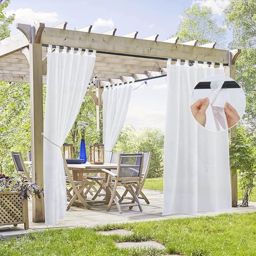 PONY DANCE Outdoorvorhänge mit Klettverschluss Terrasse Vorhänge Transparent Leinenoptik Gardinen Weiss Balkon Vorhang Outdoor Gardinen für Gartenlaube & Pavillon, 2 Stücke H 213 x B 137 cm