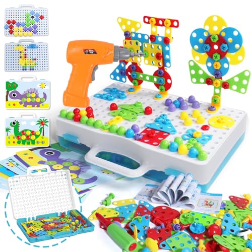 Spielzeug ab 3 Jahre Mosaik Steckspiel mit Elektrische Bohrmaschine STEM 3D Puzzle Montessori Spielzeug ab 3 Jahre Werkzeugkoffer Kinder Spielzeug Geschenke ab 3 4 5 Jahre Junge Mädchen 224 Stück