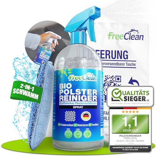 FreeClean - Bio Polsterreiniger Set [EXTRA STARK OHNE CHEMIE] Teppichreiniger 500ml als Polsterreiniger Sofa & Polsterreiniger Auto - Sofa Reiniger als Fleckenentferner mit Schwamm - Made in DE