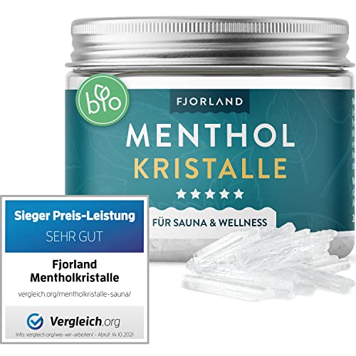 FJORLAND® - Mentholkristalle 100g - Premium Qualität für die Sauna - Kristalle aus Menthol - Saunaaufgüsse - In wiederverschließbarer Dose - 100% natürliche Inhaltsstoffe