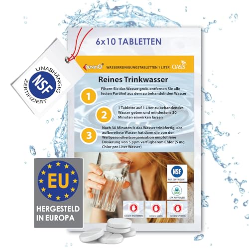 LevinQ Trinkwasseraufbereitung [60Stk] *NSFgeprüft* 100% keimfreies Trinkwasser 1 Ltr/Tablette +Handschuhe PE | Wasserentkeimungstabletten fur Krisenvorsorge Outdoor, Notfall, Camping, Reiseapotheke