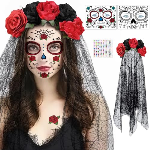 Karneval Haarreif und Schleier Gesichtstattoo, Dia de los Muertos Mexikanische Stirnband Schwarz Rot Blumen Kronen, Tag der Toten Haarschmuck, Karneval Fasching Halloween Damen Kostüm Accessoires