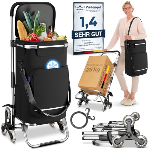 maxVitalis Einkaufstrolley Treppensteiger mit Kühlfach, Einkaufsroller klappbar, Shopping Trolley höhenverstellbar, Reflektoren, abnehmbare Tasche 43 L, Hackenporsche (Treppensteiger-Trolley)