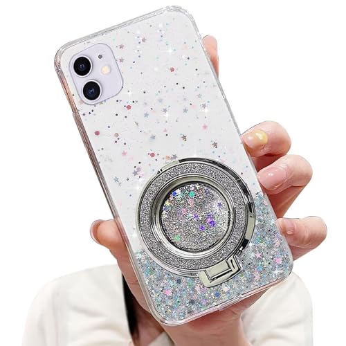 Tivenfezk Nadoli Sparkle Treibsand Ständer Hülle für iPhone 11,Versteckt Ständer Ring Klar Glitzer Stern Handyhülle Durchsichtig Bling Schutzhülle Case Cover,Klar