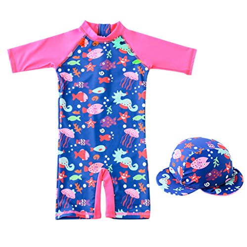 Kinder Badebekleidung Baby Mädchen Badeanzug UV Schutz mit Sonnenschutz Mütze Badekappe Langarm Kinderbadeanzug Schwimmkleidung UPF 50+ Einteiliger Reißverschluss