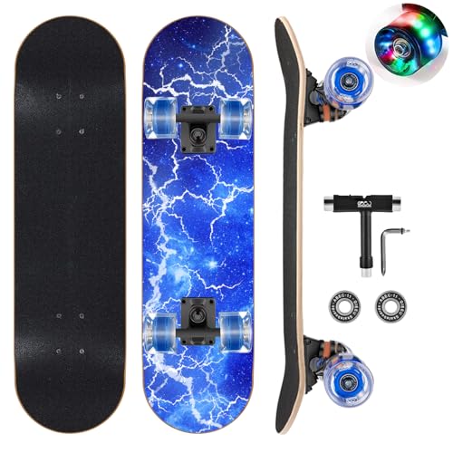 GIEEU Skateboards mit bunten blinkenden Rädern für Anfänger, Kinder, Teenager, Erwachsene, 78,9 x 20,3 cm, komplettes Standard-Skateboards, 9 Schichten Ahorn-Deck, konkaves Skateboard