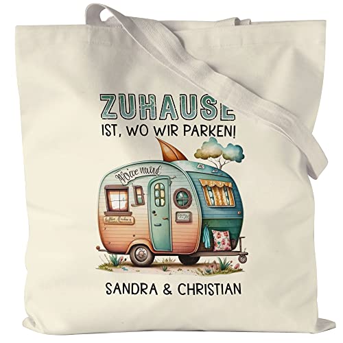 Kiddle-Design Zuhause ist wo wir Parken personalisierter Jutebeutel mit Wunschnamen für Camper Pärchen Tragetasche Einkaufstasche Tasche Camping