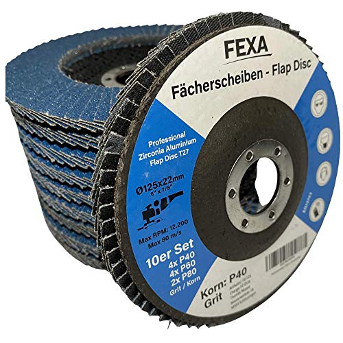 Fexa Fächerscheiben 125 Holz, Stein, Metall, Edelstahl - Körnung 40/60/80 Set 10 Stück - Fächerscheiben für Winkelschleifer - Blau, Inox 125 mm