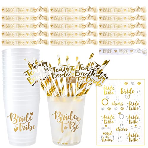 iZoeL 16Set JGA Becher Bride Tribe Cups/Team Bride Strohhalme/JGA Armbänder/JGA Bride to be Tattoo, Junggesellenabschied Frauen Deko Gold