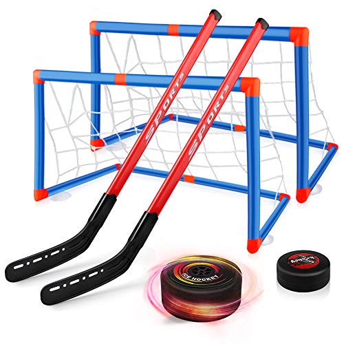 Baztoy Hover Hockey Set, Hockeyspiel Kinderspielzeug mit 2 Toren und 2 Hockeysticks, Air Power Eishockeyball für 3 4 5 6 7 8 9 Jahre alte Kinder Jungen Mädchen