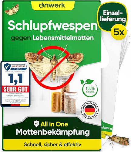 anwerk® Schlupfwespen gegen Lebensmittelmotten - 5 Karten à 1 Lieferung - Effektiv Lebensmittel Motten bekämpfen - Alternative zur Mottenfalle, Mottenspray, Pheromonfalle (5X Karten à 1 Lieferung)