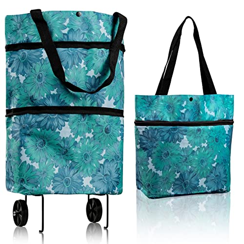 Faltbare Trolley-Taschen, Einkaufstrolley Einkaufstasche mit Rollen, 2 in 1 Klappbarer Einkaufswagen, Multifunktions-Einkaufstasche für Zuhause Supermarkt Blau