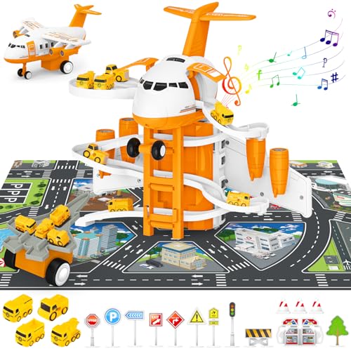 deAO Transport Flugzeug Spielzeug mit Musik und Licht, Transport Cargo Flugzeug mit Auto Spielzeug Spiel Set und Hubschrauber Verkehrszeichen Spielmatte, DIY Flugzeug Spielset mit Spuren für Kinder