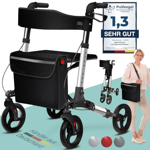 maxVitalis Rollator faltbar und leicht mit Sitz, Leichtgewicht-Reiserollator aus Aluminium, Gehhilfe 8-fach höhenverstellbar, Laufhilfe 3-fach faltbar für Kofferraum, Tasche & Schirmhalter Silber