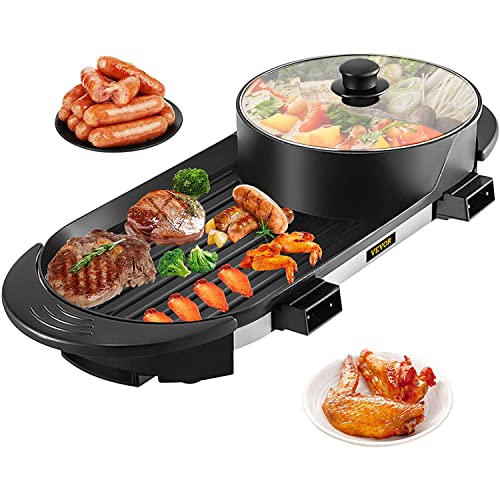 VEVOR 2 in 1 Multifunktionale BBQ Hot Pot, BBQ Grill und Hot Pot mit Trennwand, Separater Doppelthermostat Teppanyaki Grilltopf mit 5 Geschwindigkeiten, für Familie, Abendessen, Freunde, Party, Black