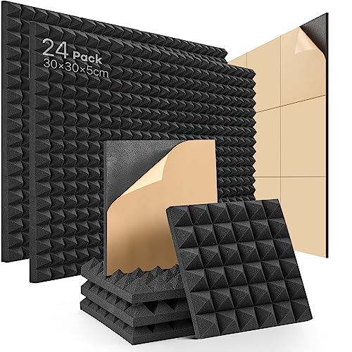 Akustikschaumstoff Selbstklebend 24 Stück Schalldämmung Hochdichte Schallabsorber Wand Reduzieren Hall-Echo-Lärm für Podcast Aufnahmestudio schallschutz 30x30x5cm