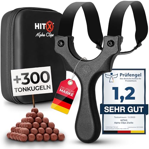 HITX® Zwille Steinschleuder Profi Bundle Set | Einfache Clip-Technik | Slingshot Schleuder mit Gummiband Extra Stark | Inklusive 300 Tonkugeln | Bundle Set mit Ersatzgummi | Alpha Clips