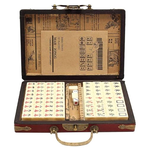 144 Mahjong Fliesen, Antique Mahjong Anzug Mahjong Set Reise Tragbares chinesisches Mah Jong antikes Familienspiel Töte langweilige Zeit für Erwachsene, lustige kleine Spiele