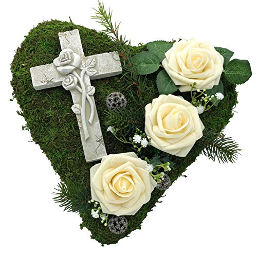 Grabgesteck Grabschmuck Grabaufleger Moosherz Grabherz Trauerherz Grab Herz Gesteck Rosen mit Kreuz (Rosen Creme)