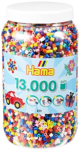 Hama Perlen 211-00 Bügelperlen XXL Dose mit ca. 13.000 bunten Midi Bastelperlen mit Durchmesser 5 mm im 10 Farben Mix, kreativer Bastelspaß für Groß und Klein