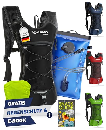 SASMO Sports® Trinkrucksack (schwarz) mit Thermofach | Laufrucksack Ultraleicht 300g | Rucksack mit Trinkblase 2L, BPA-frei | mit Reflektoren | Laufen, Fahrrad & Trailrunning