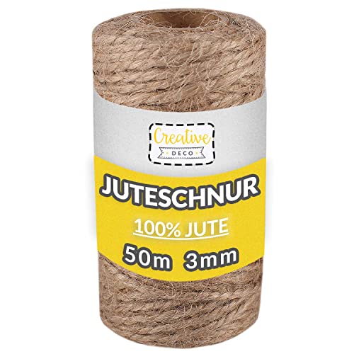 Creative Deco 50m Juteschnur Natur Braun | 164 Fuß | 3 mm Dicke 3-Lagig | Jutekordel Jutegarn Hanfschnur Juteband Paketband Stark | Jute Schnur Kordel Seil Für Dekoration, DIY Handwerk, Verpackung