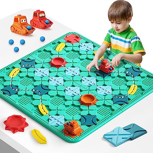 burgkidz Kinderspielzeug Brettspiele - Logischer Straßenbauer großes Brett 56 x 56cm Labyrinth Puzzle-Spiele für Multiplayer & Familie, Geschenke für Jungen und Mädchen im Alter von 4+ Jahren