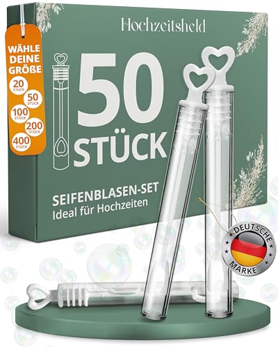 Hochzeitsheld® Seifenblasen Hochzeit 50 Stück - Perfekt als Standesamt Überraschung oder Hochzeitsdeko - Hochzeit Seifenblasen befüllt und sofort einsatzbereit - Hochzeitsseifenblasen mit Herzgriff