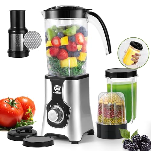 SUPERLEX Elektrischer Smoothie-Maker und Standmixer Set, Multifunktions-Standmixer zum Entsaften, Mahlen, Eiszerkleinern, Mixer mit Flaschendeckel für die Küche, tragbar, auf Reisen, BPA-frei