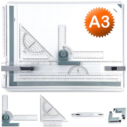 A3 Zeichenbrett, Geo-Board gz Platte, Multifunktionaler Zeichenplatte Din A3 Zeichenschiene mit Winkelmesser Papiersuchgerät Lineal Stützfuß für das Professionell Office Arbeiten Studenten (A3)