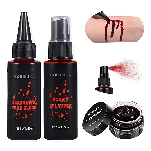 BOBISUKA Halloween Kunstblut 3er Set: 1 Geronnenes Blutplasma + 1 Kunstblut Spray + 1 Tropfendes Kunstblut, Realistisch, Abwaschbar und Sicher für Zombies, Vampire, Monster, Cosplay