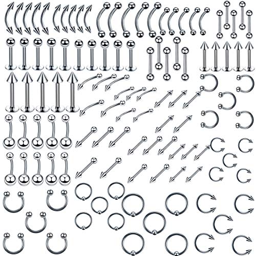 Piercing Set 120x Edelstahl Acryl Mix Körperschmuck Studs Barbells Bananabells für Ohr Lippe Nase Zunge Augenbrauen Nippel Piercing Ring Multizweck Stahl Piercing（1.2 * 10MM/*8MM）