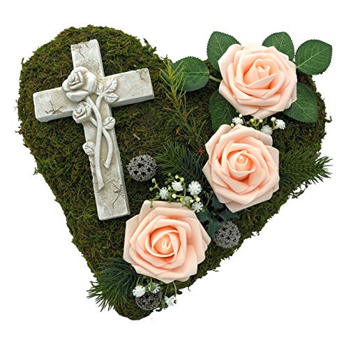 Grabgesteck Grabschmuck Grabaufleger Moosherz Grabherz Trauerherz Grab Herz Gesteck Rosen mit Kreuz (Rosen Rosa)