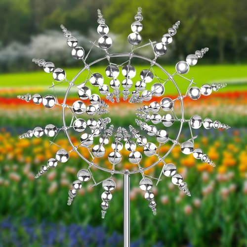 Einzigartige und Magische Metall Windmühle, 3D Metall-Windmühle, Windbetriebene Kinetische Skulptur, Wind Spinner Garten, Windspiel Garten für Terrasse, Rasen Dekoration (Silber)