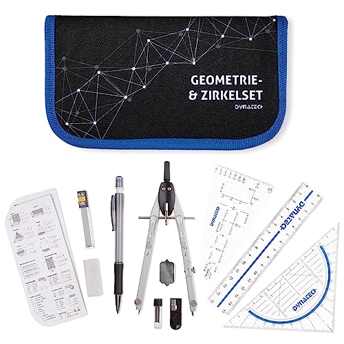 DynaTech Zirkel-Set Geometrieset 12-Teilig , Geodreieck, Parabel, Bleistift, Radierer, Spitzer und Ersatzminen im Etui mit Reißverschluss blau - praktisches Mathematik inkl. Federmappe