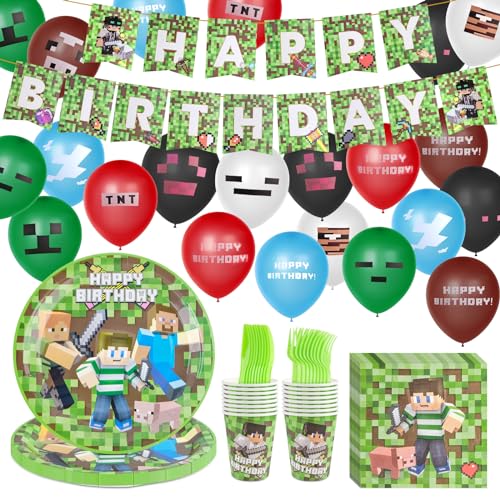 Spiel Partygeschirr Set Geburtstagsdeko Jungen Mine-craft Geburtstag Deko Mine-craft Spielthema Partyzubehör Spiel Partyzubehör Set Enthält Banner Luftballons Mine-craft Teller und Becher