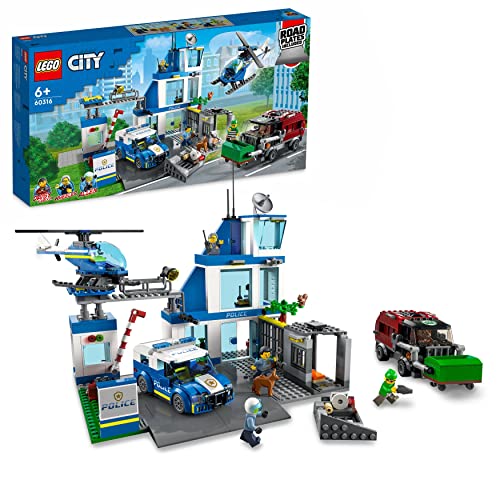 LEGO 60316 City Polizeistation mit Polizeiauto, Müllauto und Hubschrauber, Gebäude zum Bauen mit 3 Figuren, Polizei-Spielzeug für Jungen und Mädchen ab 6 Jahren, Geschenk für Kinder