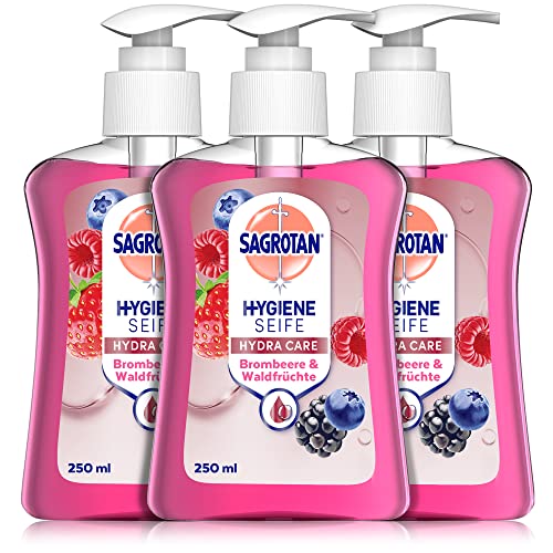 Sagrotan Handseife Brombeere und Waldfrüchte – Hygienische Flüssigseife – 3 x 250 ml Seifenspender