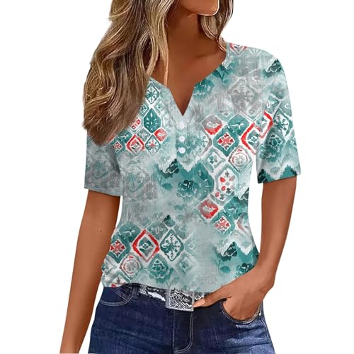 Meine Bestellungen Basic Shirt Damen Shirt Damen 3/4 Arm Damen T-Shirt V-Ausschnitt Henley Shirt Mit Knopfleiste Geometrischer Druck Blusenshirt Dirndlbluse Spitze (Cyan, XL)