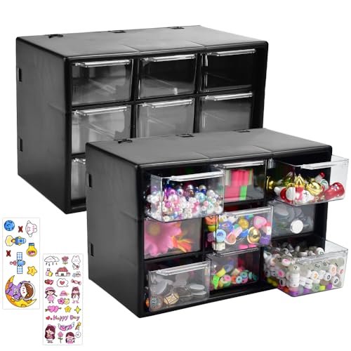 LANSKYLAN 2er-Pack Bastelbox Aufbewahrung Schublade Sortierkasten Desktop Schublade Organizer mit 9 Mini Schubladen Aufbewahrungsbox 18x12x10cm Kleinteilemagazin schubladen für Bürobedarf Zubehör